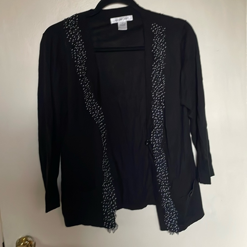 August Silk lightweight black cardigan with polka dotted trim in front. Nice, M